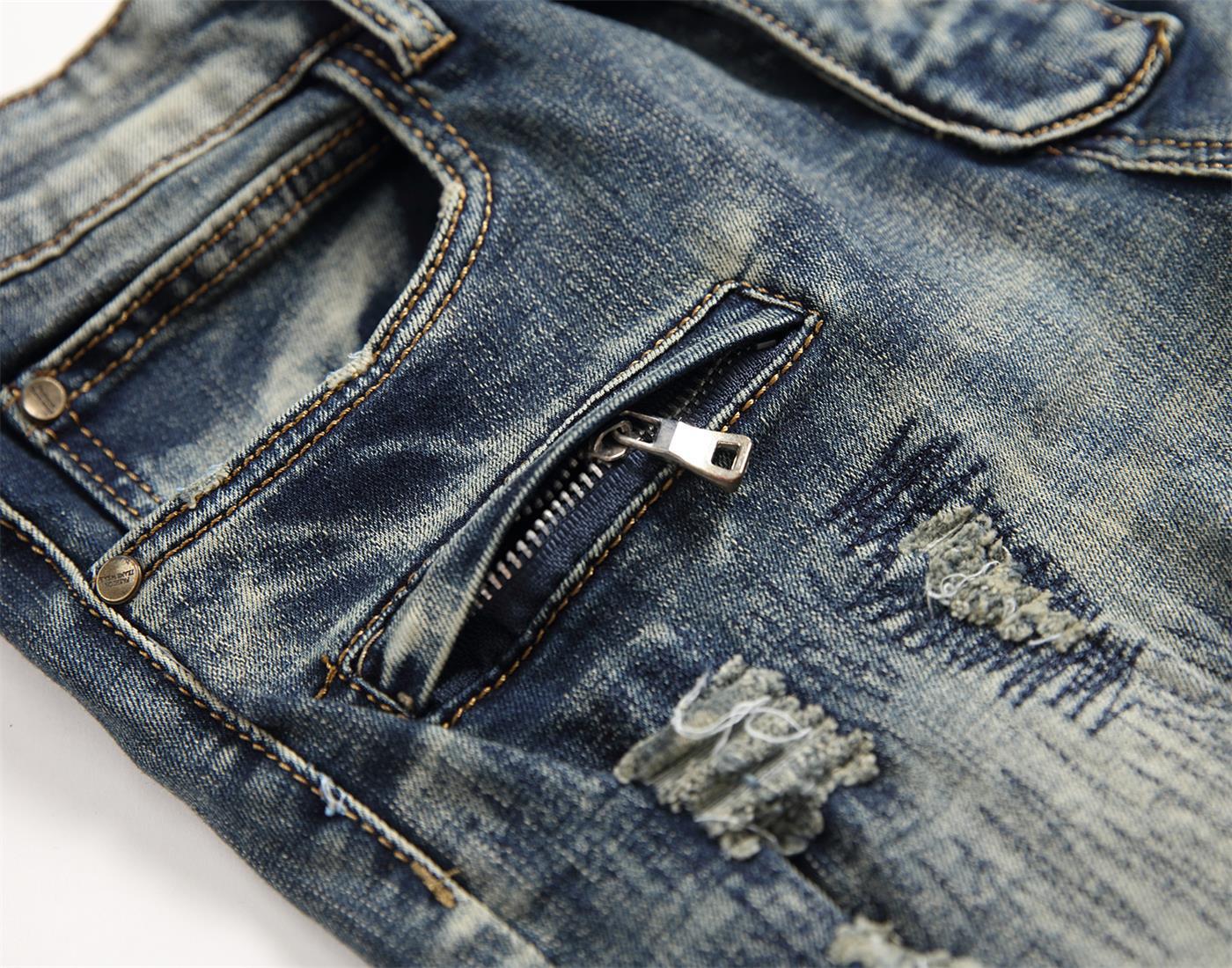 Retro Crumpled Hole Patch Elastic Straight Skinny Jeans 5