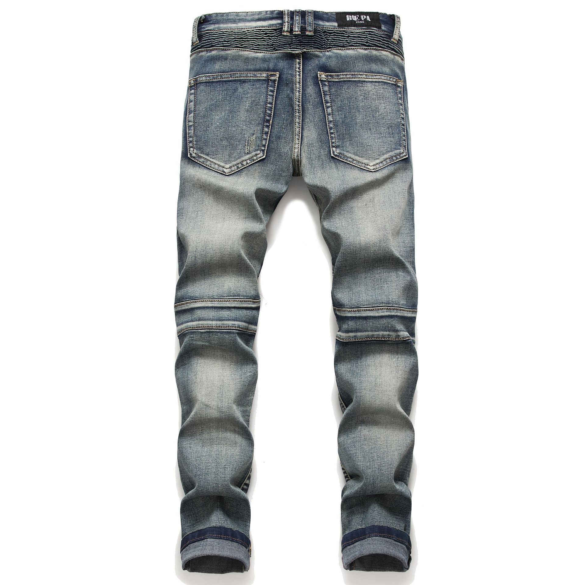 Retro Crumpled Hole Patch Elastic Straight Skinny Jeans 4