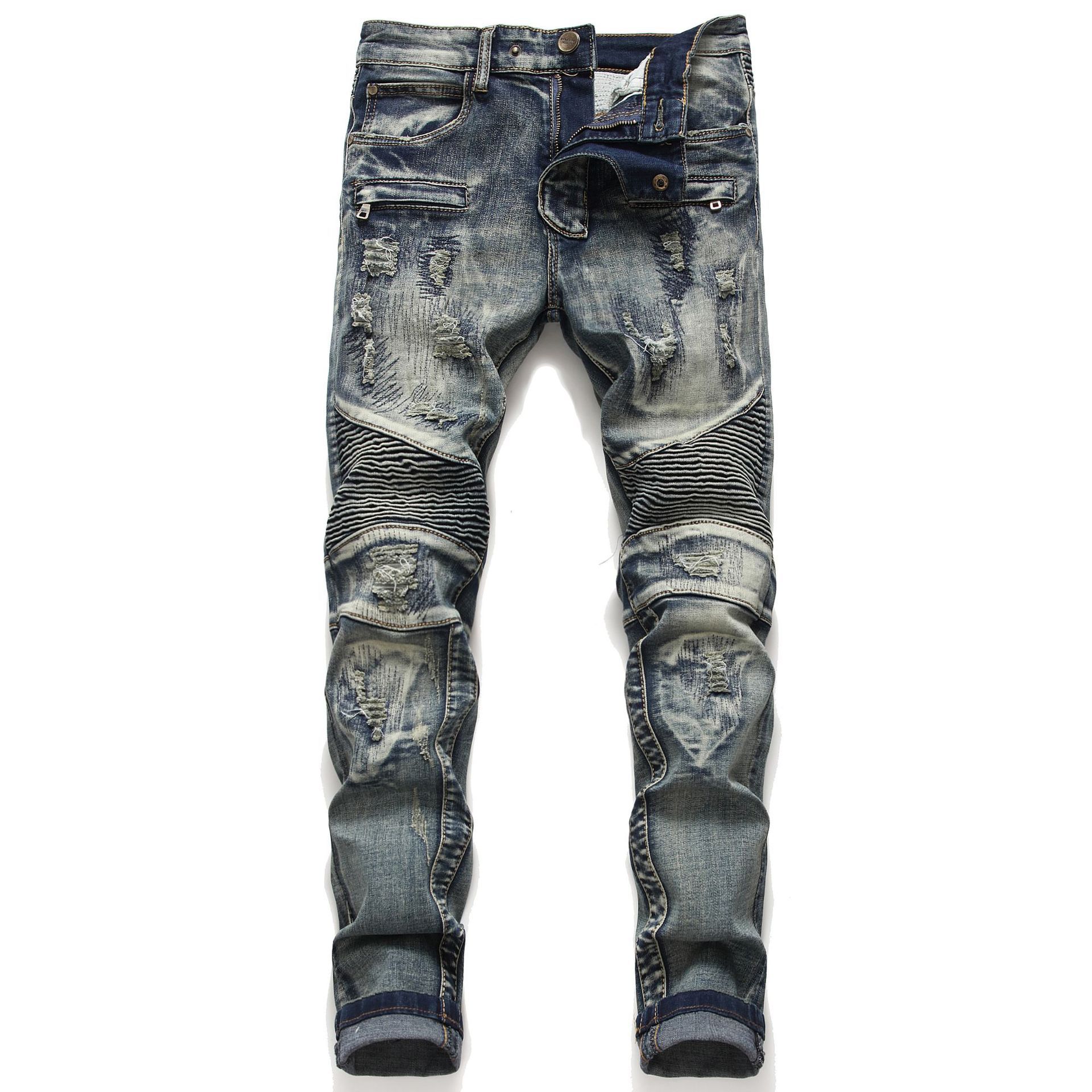 Retro Crumpled Hole Patch Elastic Straight Skinny Jeans 2