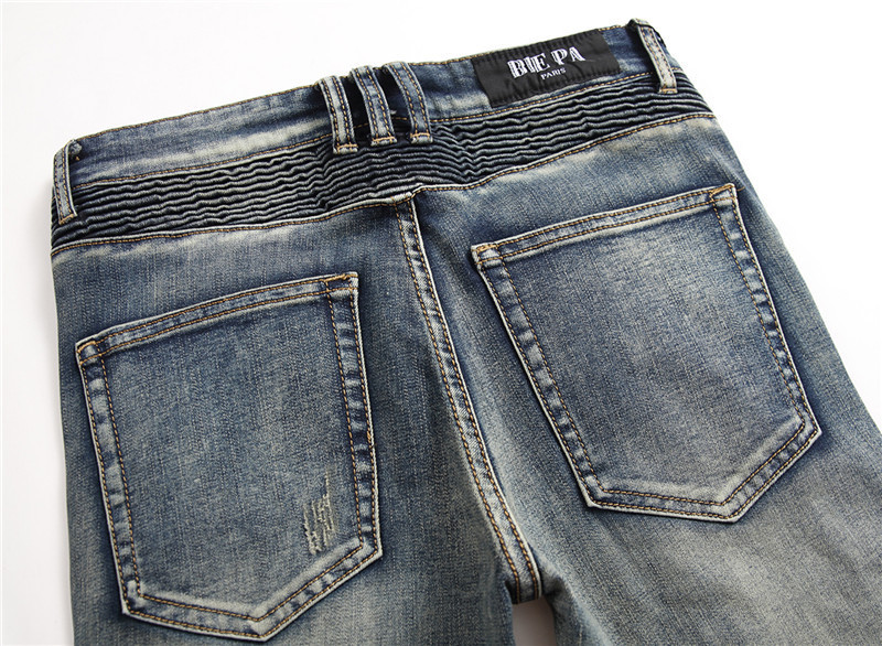 Retro Crumpled Hole Patch Elastic Straight Skinny Jeans 12