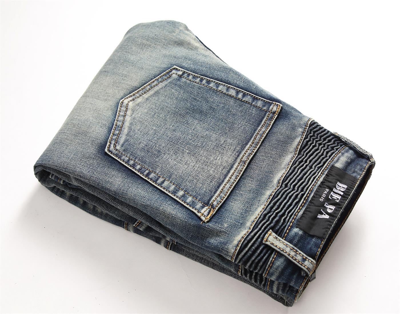 Retro Crumpled Hole Patch Elastic Straight Skinny Jeans 8