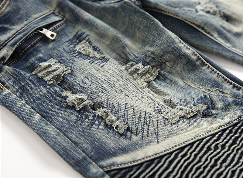 Retro Crumpled Hole Patch Elastic Straight Skinny Jeans 13