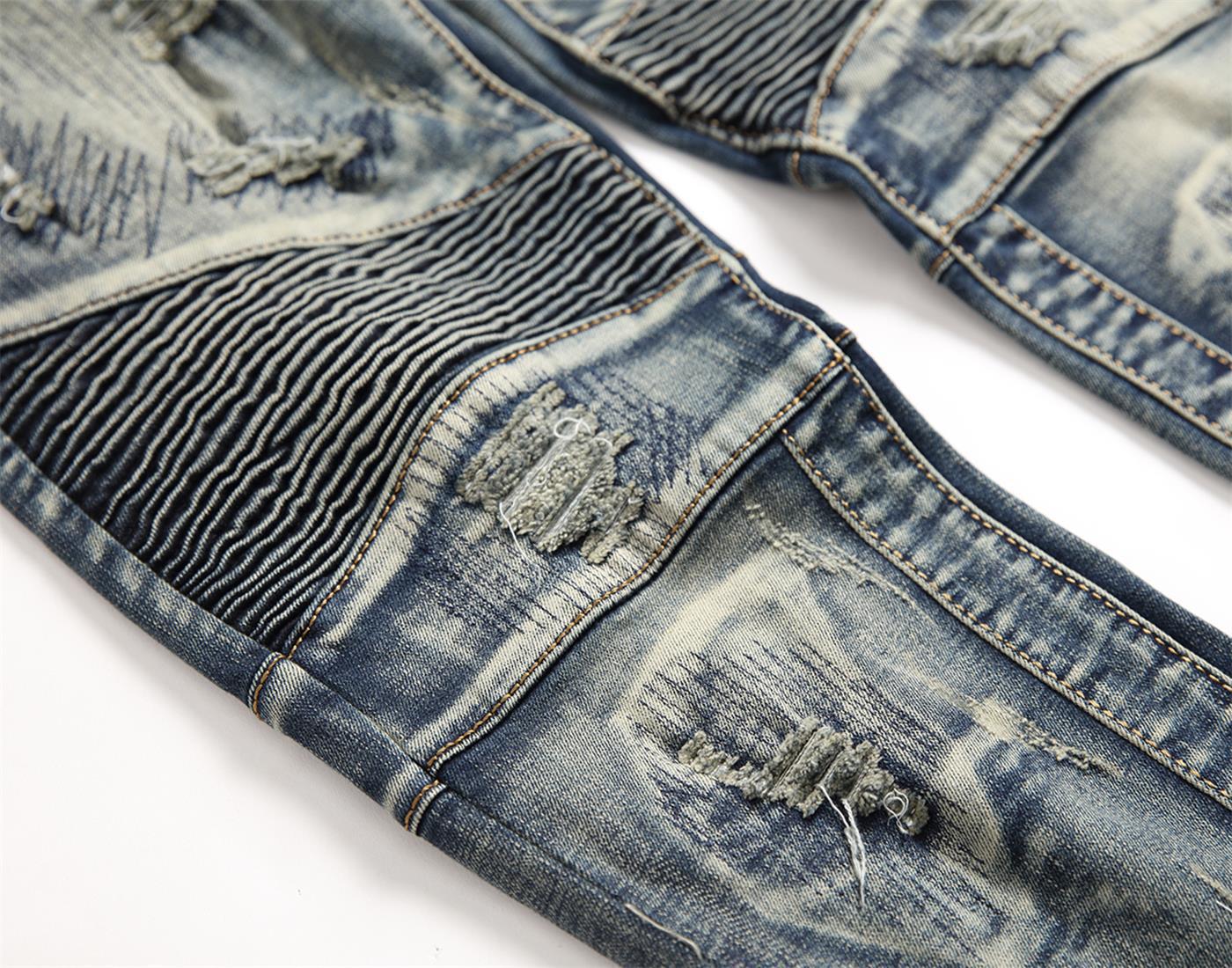 Retro Crumpled Hole Patch Elastic Straight Skinny Jeans 6