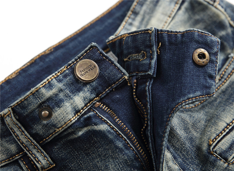 Retro Crumpled Hole Patch Elastic Straight Skinny Jeans 11