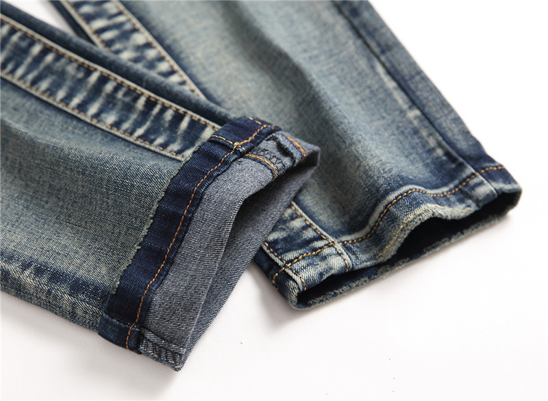 Retro Crumpled Hole Patch Elastic Straight Skinny Jeans 7