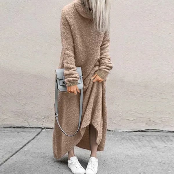 The turtleneck dress showcased outdoors