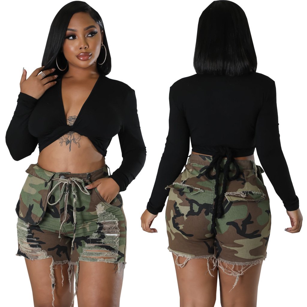 Camouflage Denim Shorts Image 4