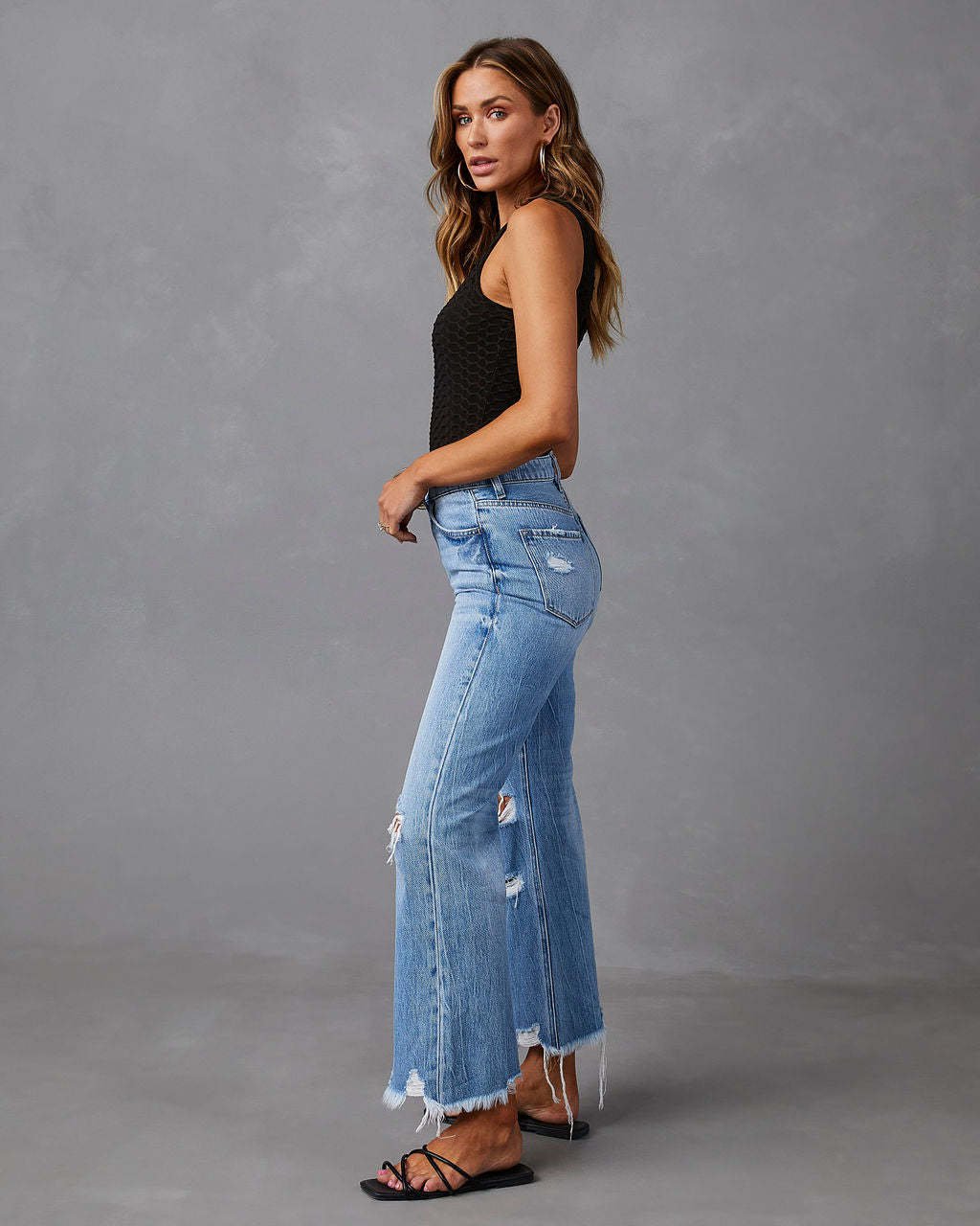 European and American Water Washed Hole High Waist Trousers - Image 5