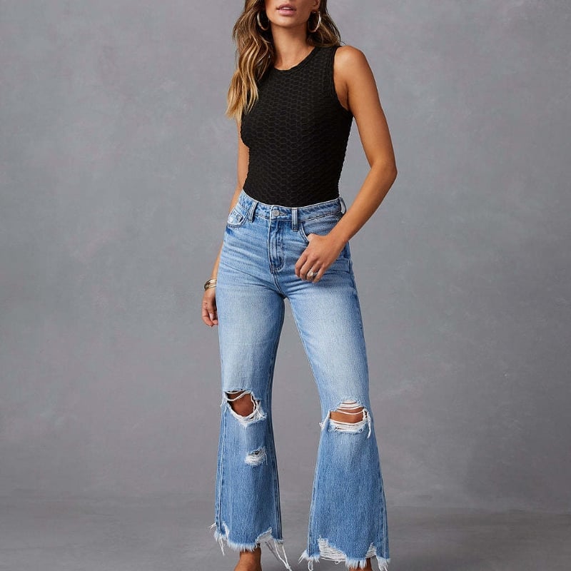 European and American Water Washed Hole High Waist Trousers - Image 2