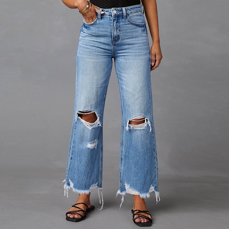 European and American Water Washed Hole High Waist Trousers - Image 3