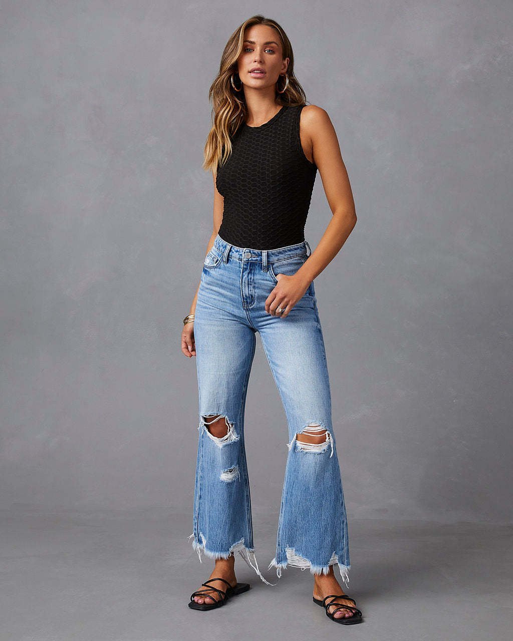 European and American Water Washed Hole High Waist Trousers - Image 7