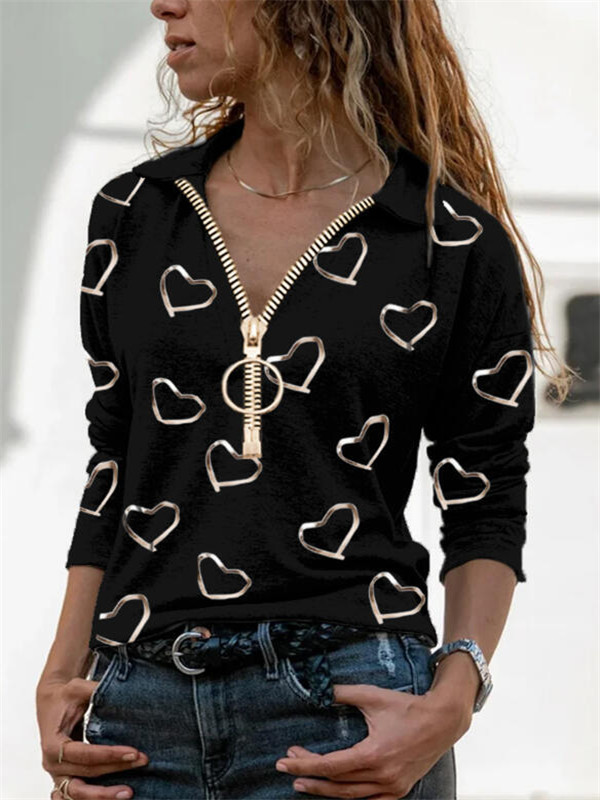 Love Digital Printing V-Neck Zipper Long Sleeves Image 1
