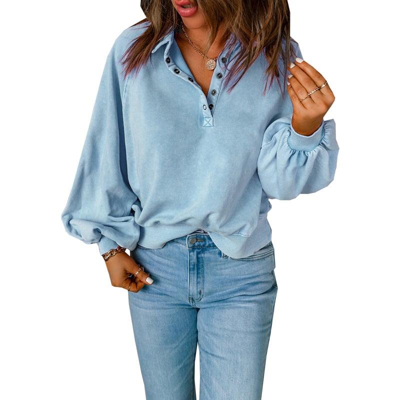 Blue-dyed V-neck Pullover Sweatshirt