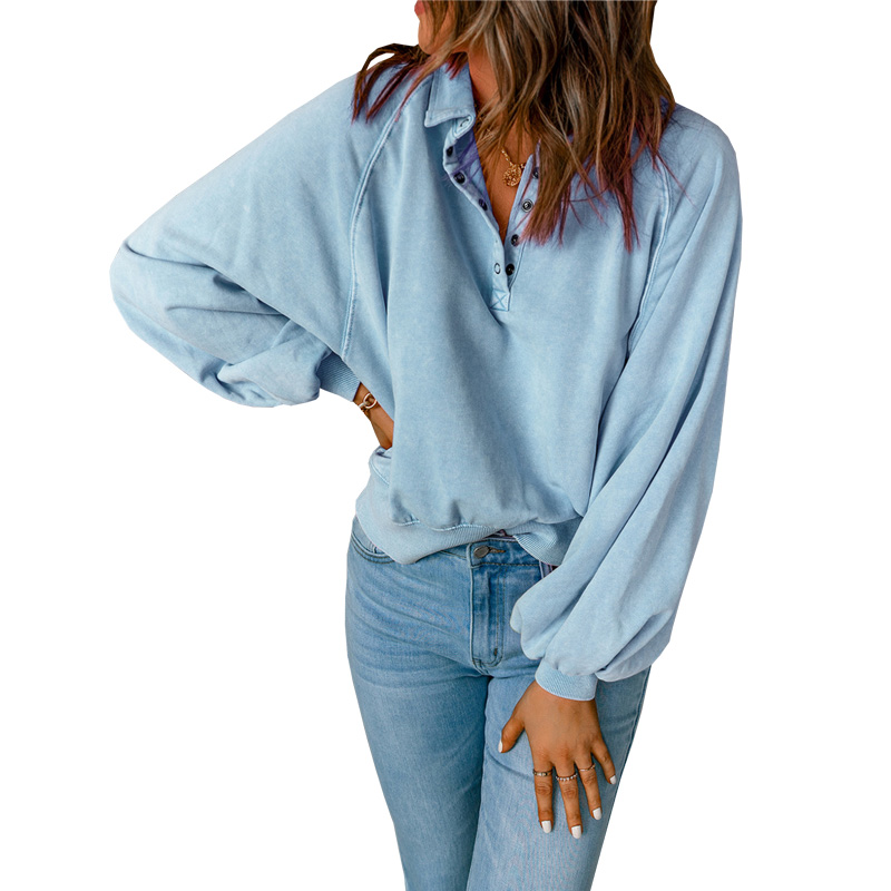 Blue-dyed V-neck Pullover Sweatshirt