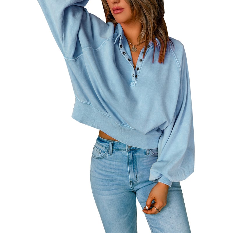 Blue-dyed V-neck Pullover Sweatshirt