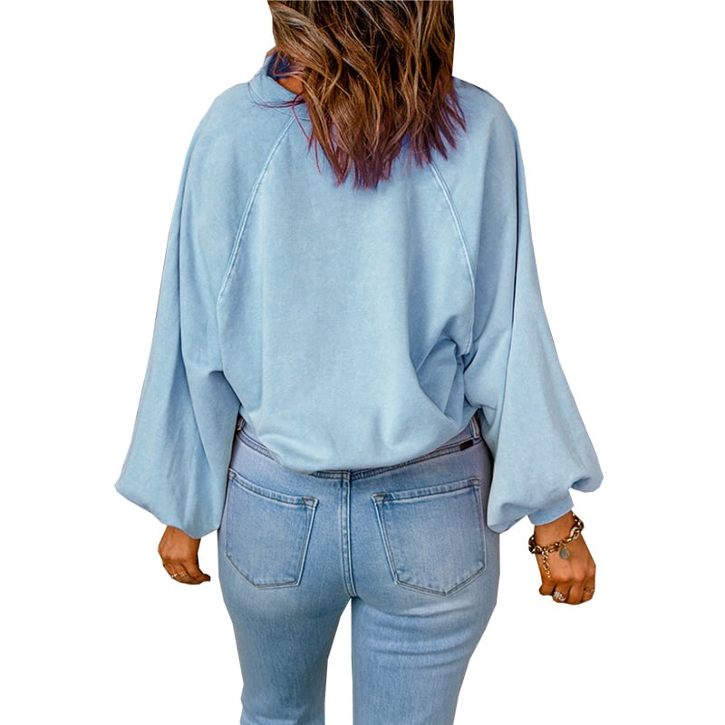 Blue-dyed V-neck Pullover Sweatshirt