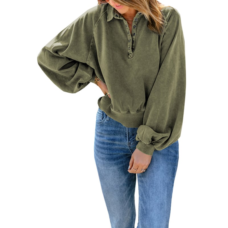 Blue-dyed V-neck Pullover Sweatshirt
