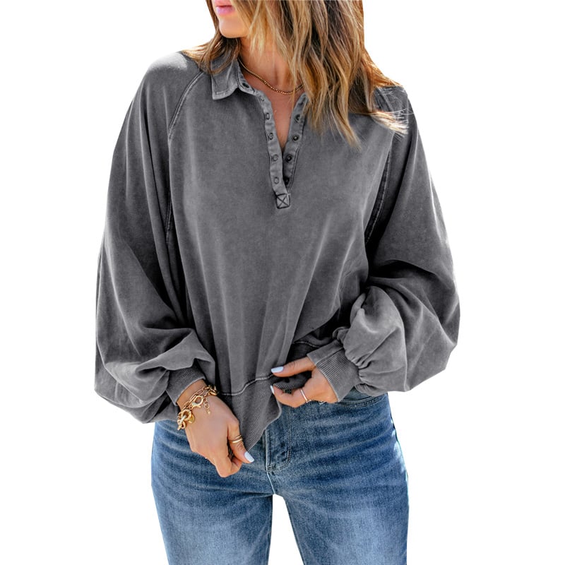Blue-dyed V-neck Pullover Sweatshirt