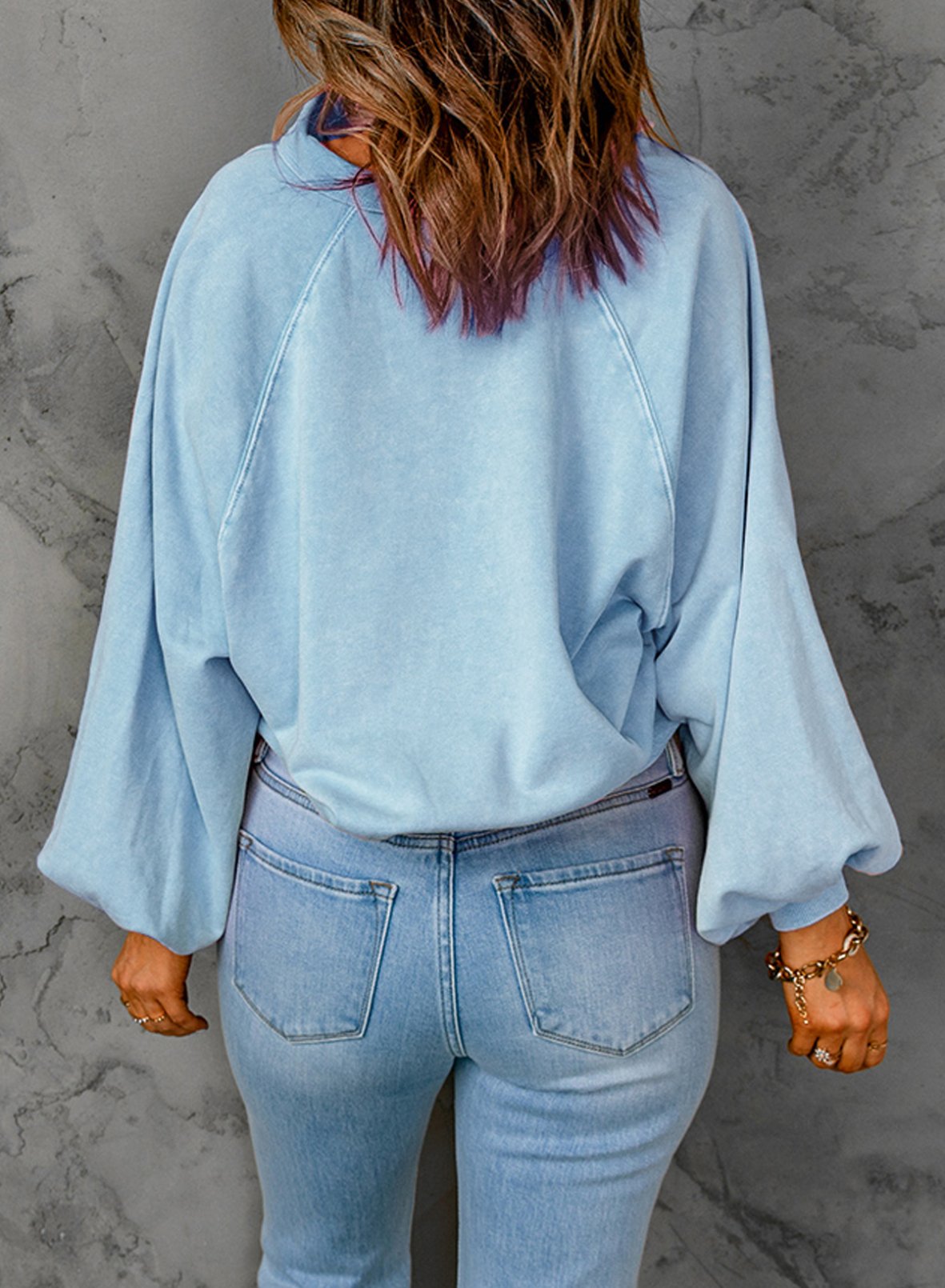 Blue-dyed V-neck Pullover Sweatshirt