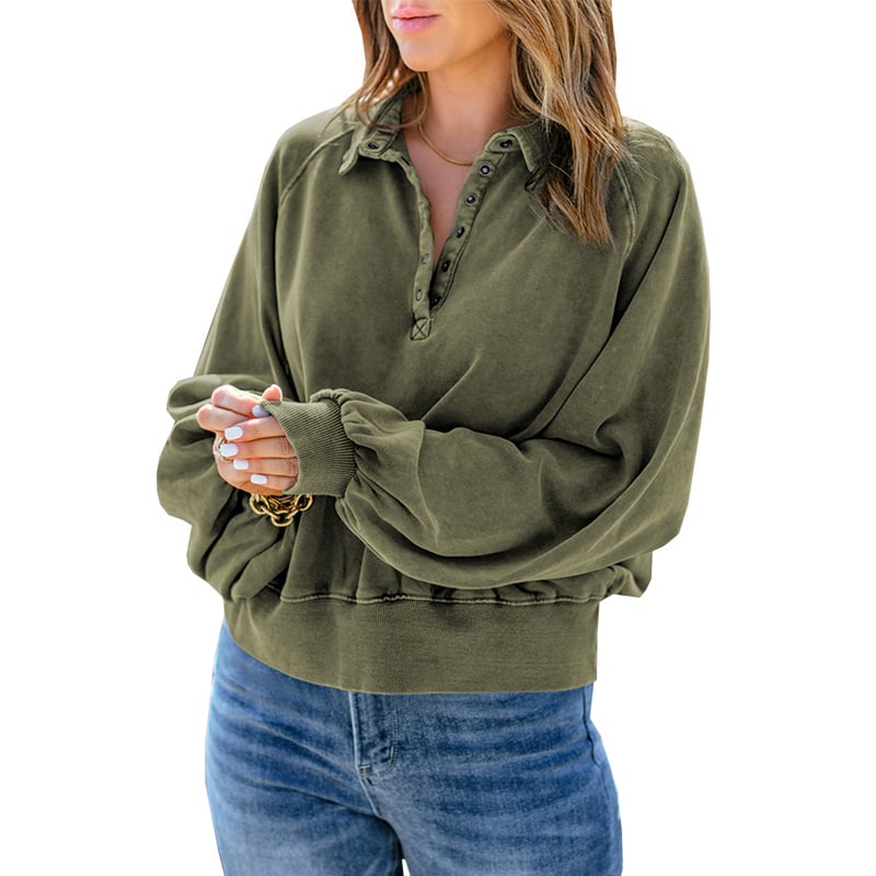 Blue-dyed V-neck Pullover Sweatshirt