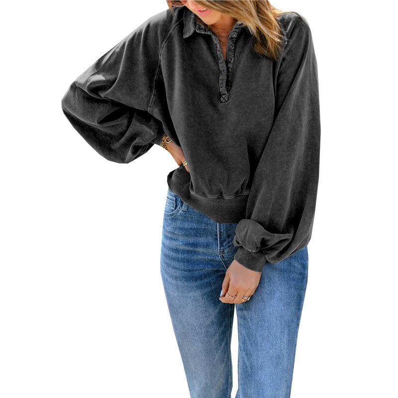 Blue-dyed V-neck Pullover Sweatshirt