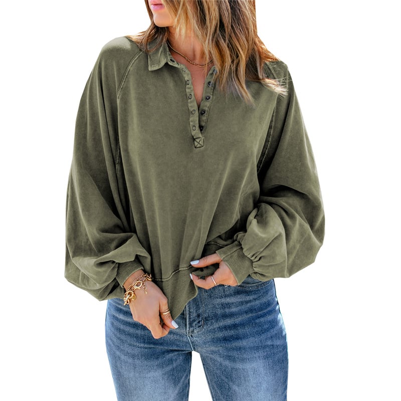 Blue-dyed V-neck Pullover Sweatshirt