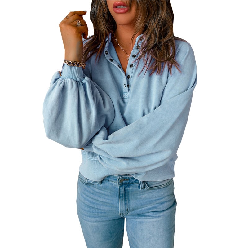 Blue-dyed V-neck Pullover Sweatshirt