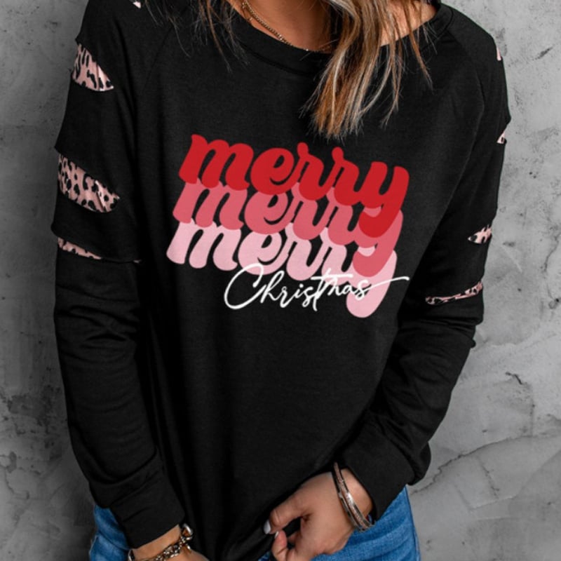 Black Merry Christmas Leopard Print Sweatshirt 3