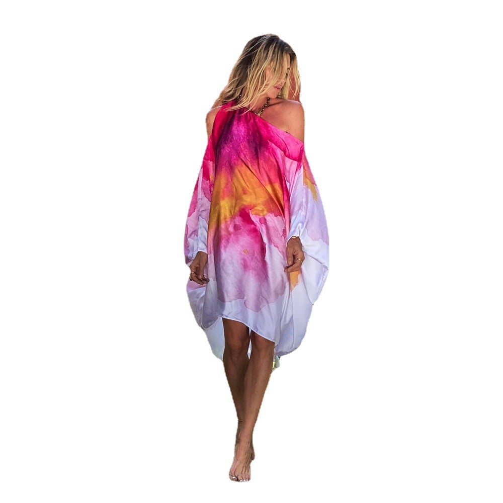 Sloping Shoulder Casual Beach Vacation Swing Dress