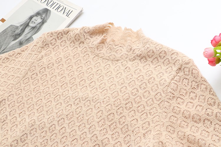 Loose Plus Size Women's Fleece Half Turtleneck Lace T-shirt 6