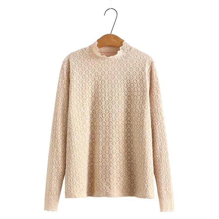 Loose Plus Size Women's Fleece Half Turtleneck Lace T-shirt 3