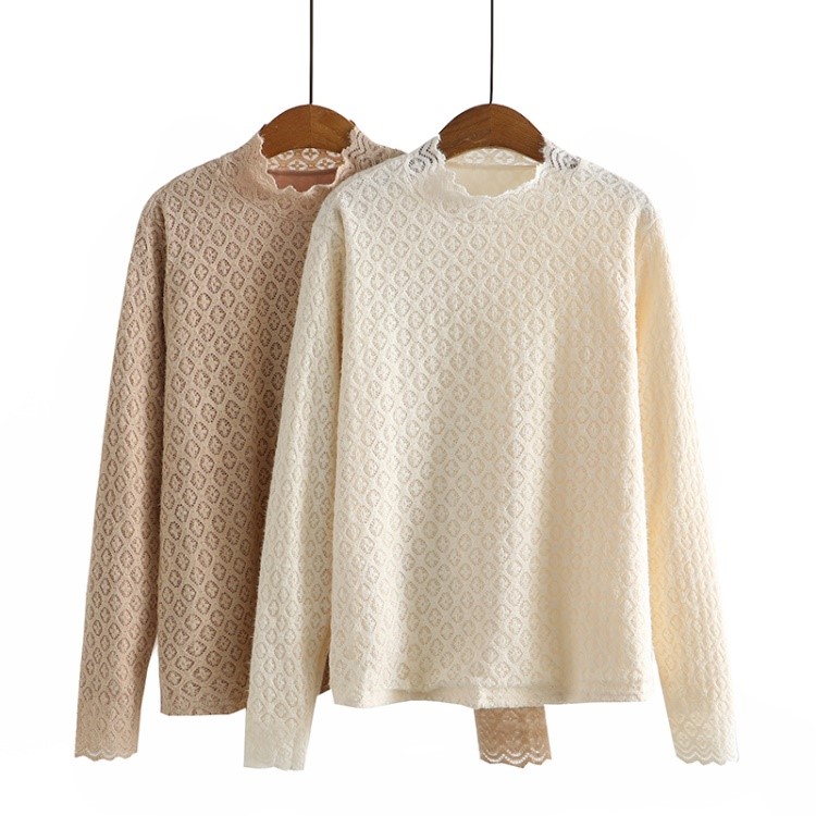 Loose Plus Size Women's Fleece Half Turtleneck Lace T-shirt 1