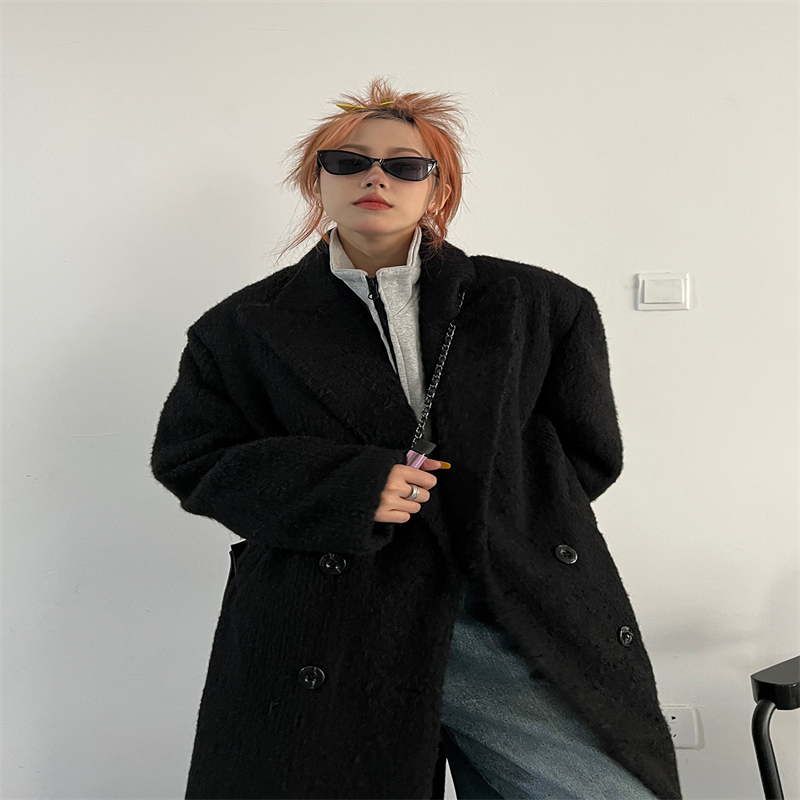 British Style Thick Black Loose Extended Velvet Woolen Coat Image 5