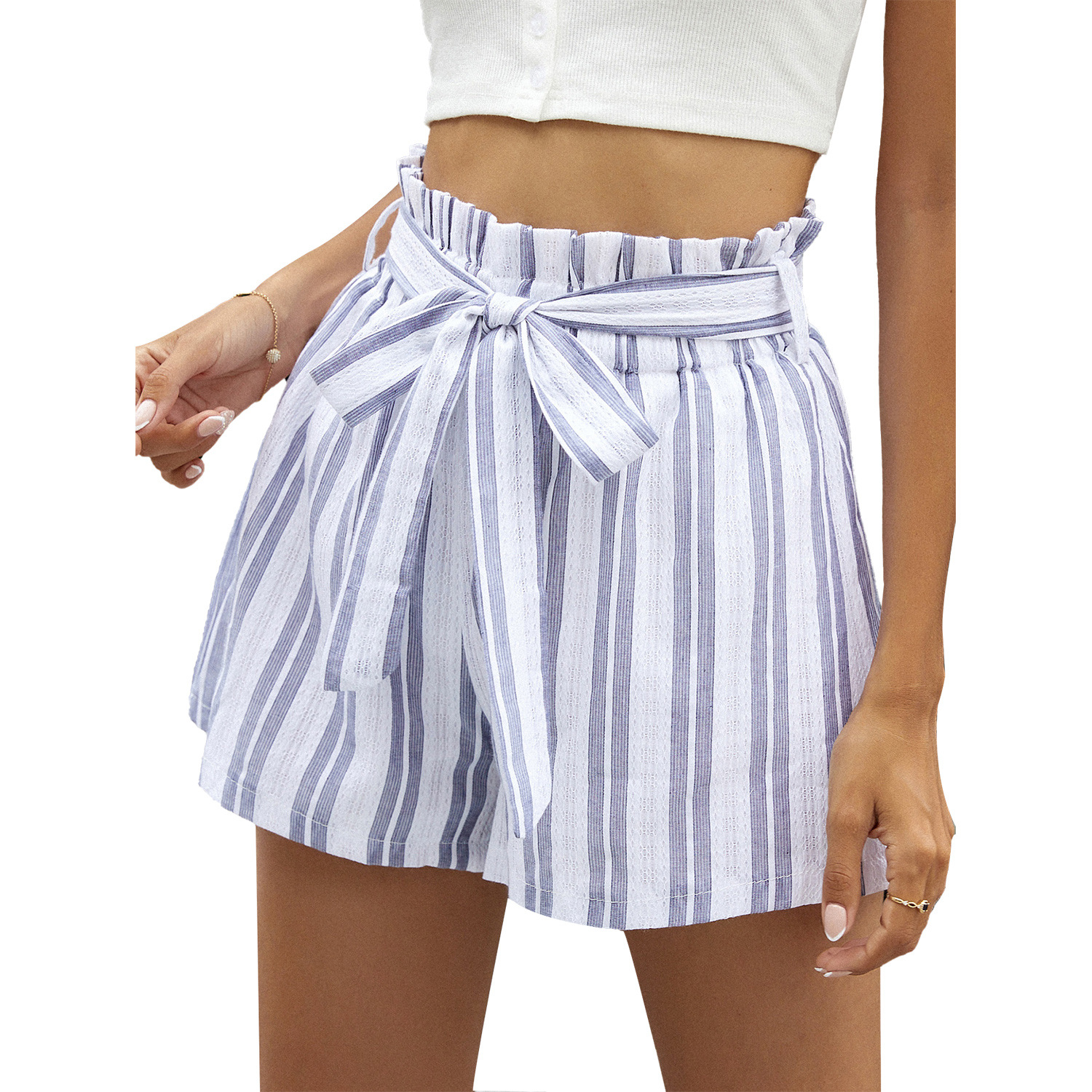 Women's High Waist Belted Striped Wide Leg Shorts 3