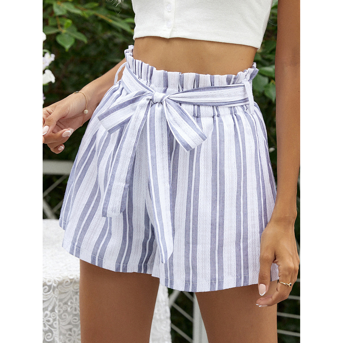 Women's High Waist Belted Striped Wide Leg Shorts 2