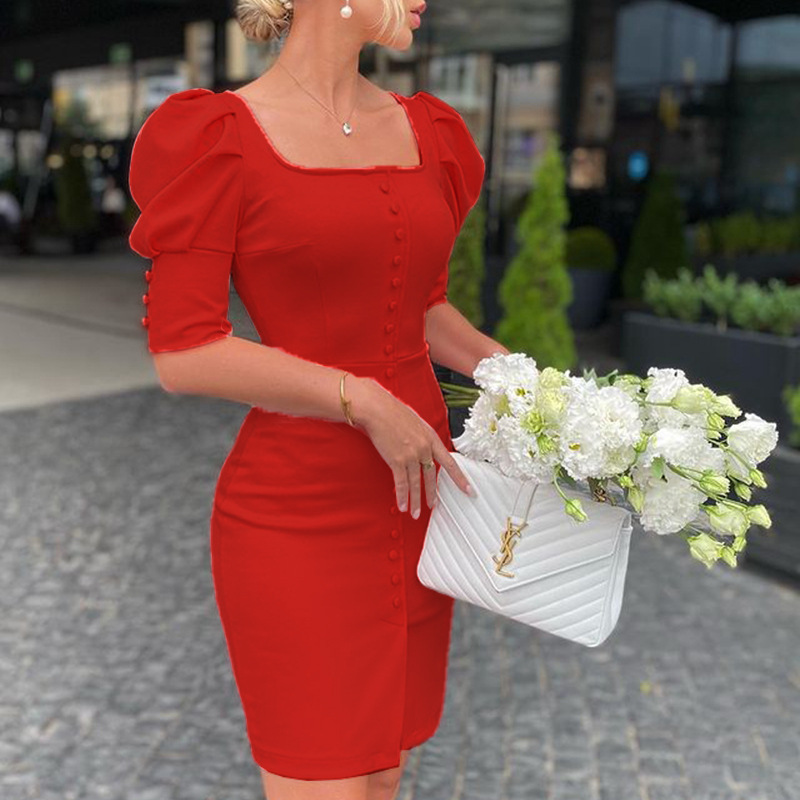 Fashion Square Collar Dress in Red