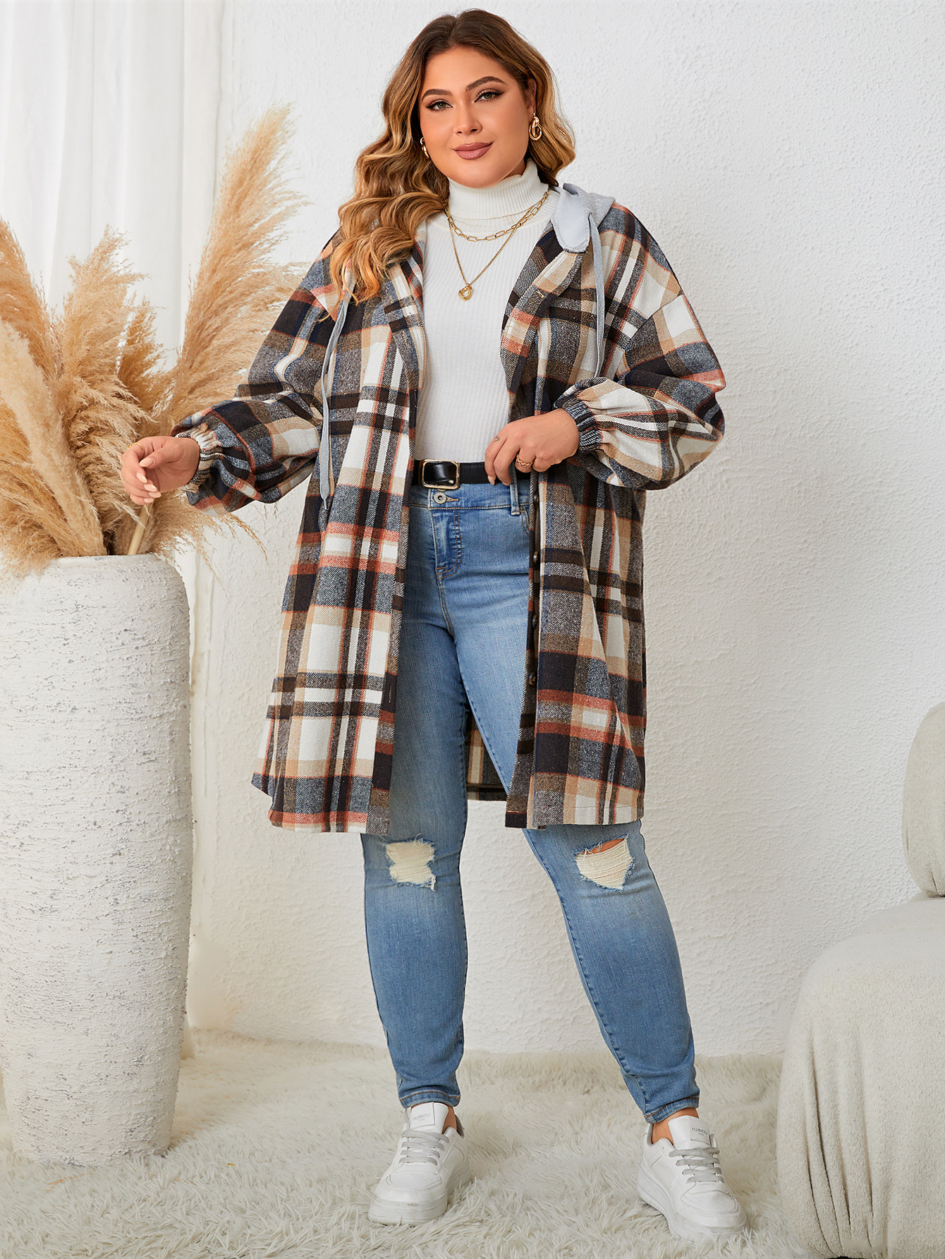 Plaid Hooded Mid-length Coat 5