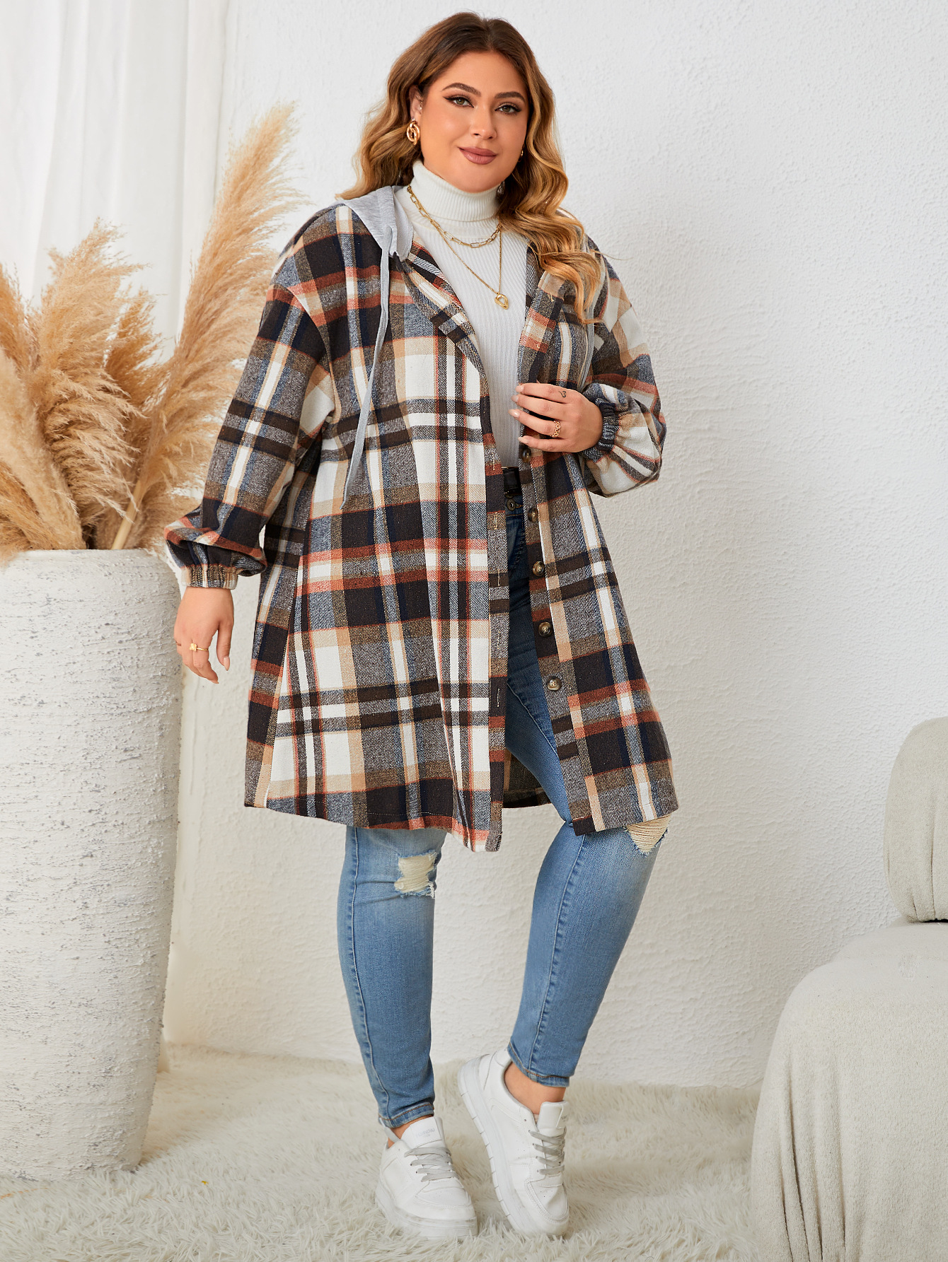 Plaid Hooded Mid-length Coat 3