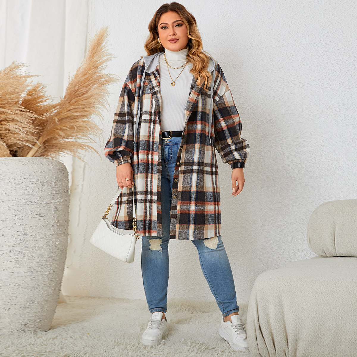 Plaid Hooded Mid-length Coat 2