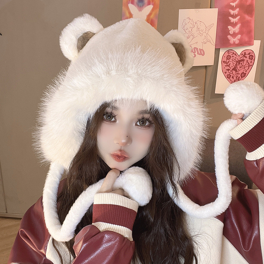 Winter New Cream Sweet Girl Lace Plush Hat Pink