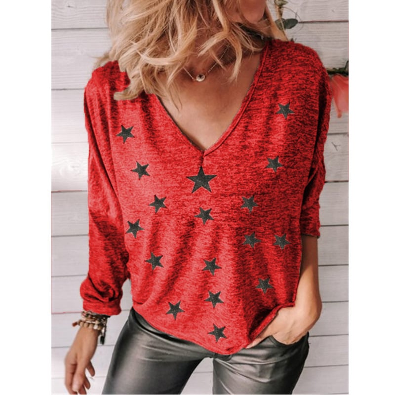 Star Print V-Neck Long Sleeve T-Shirt - Lifestyle Shot
