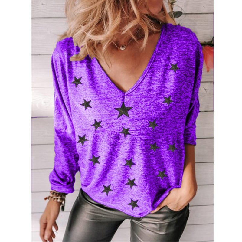 Star Print V-Neck Long Sleeve T-Shirt - Side View