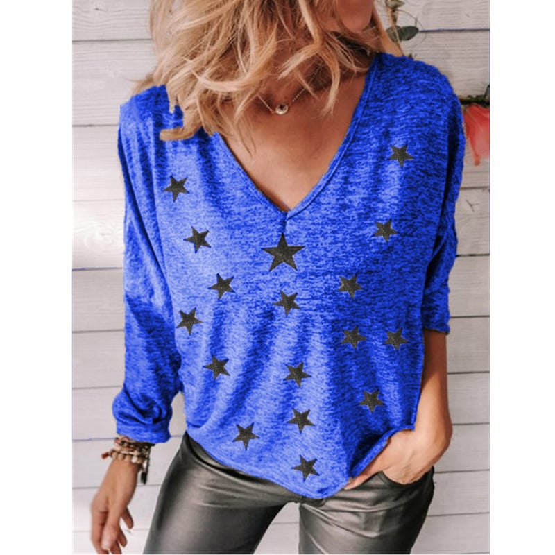 Star Print V-Neck Long Sleeve T-Shirt - Close Up