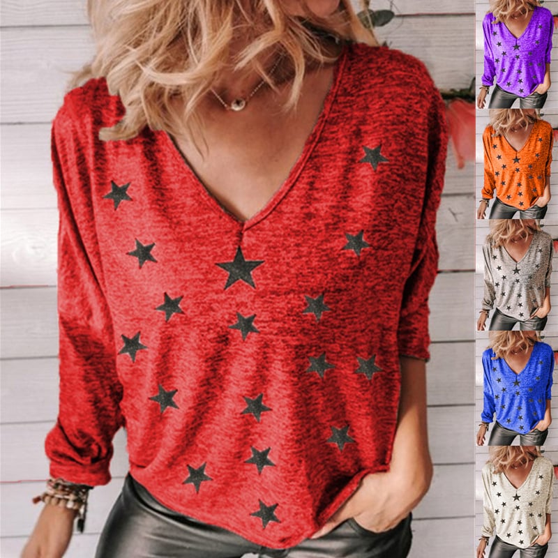 Star Print V-Neck Long Sleeve T-Shirt - Back View