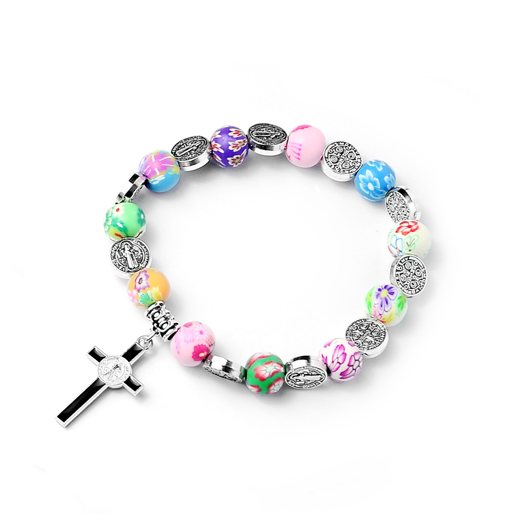 Colored Polymer Clay Cross Rosary Bracelet Image 4
