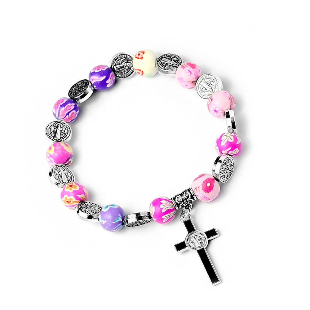 Colored Polymer Clay Cross Rosary Bracelet Image 2