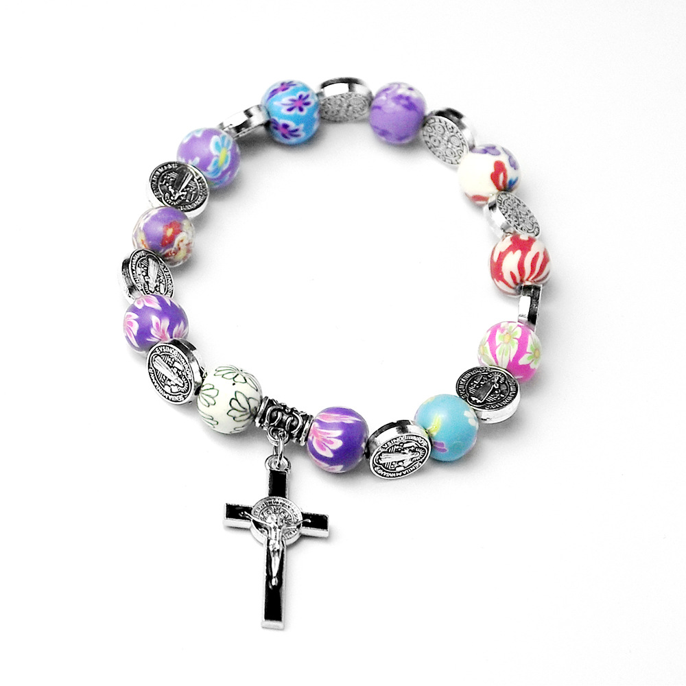 Colored Polymer Clay Cross Rosary Bracelet Image 3