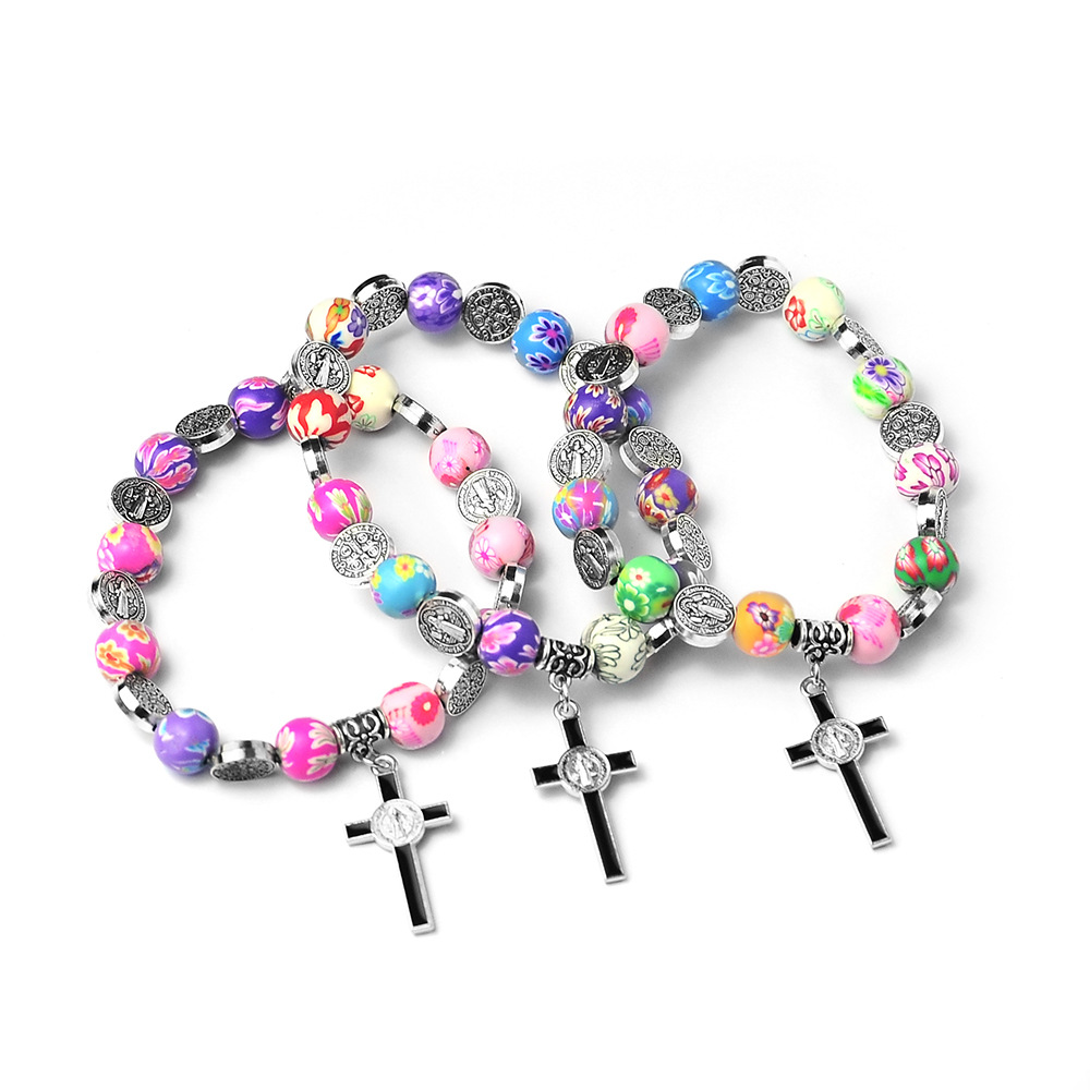 Colored Polymer Clay Cross Rosary Bracelet Image 1