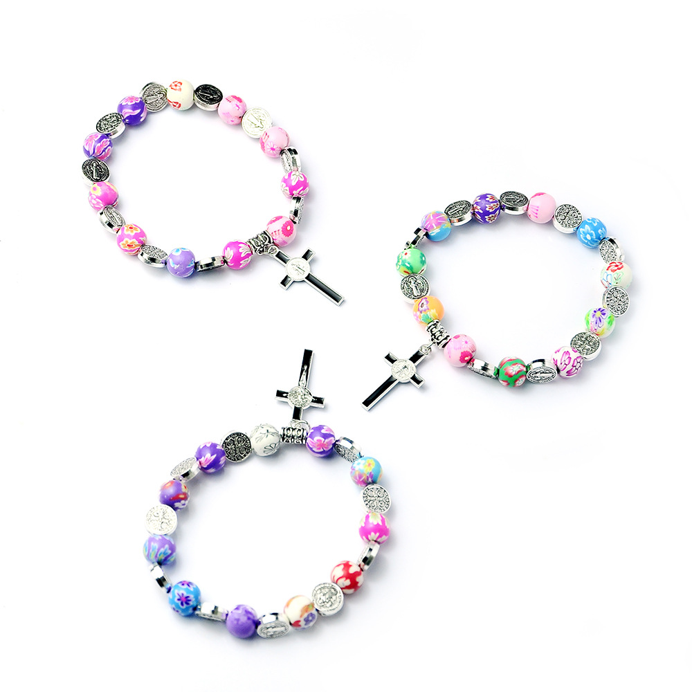Colored Polymer Clay Cross Rosary Bracelet Image 5