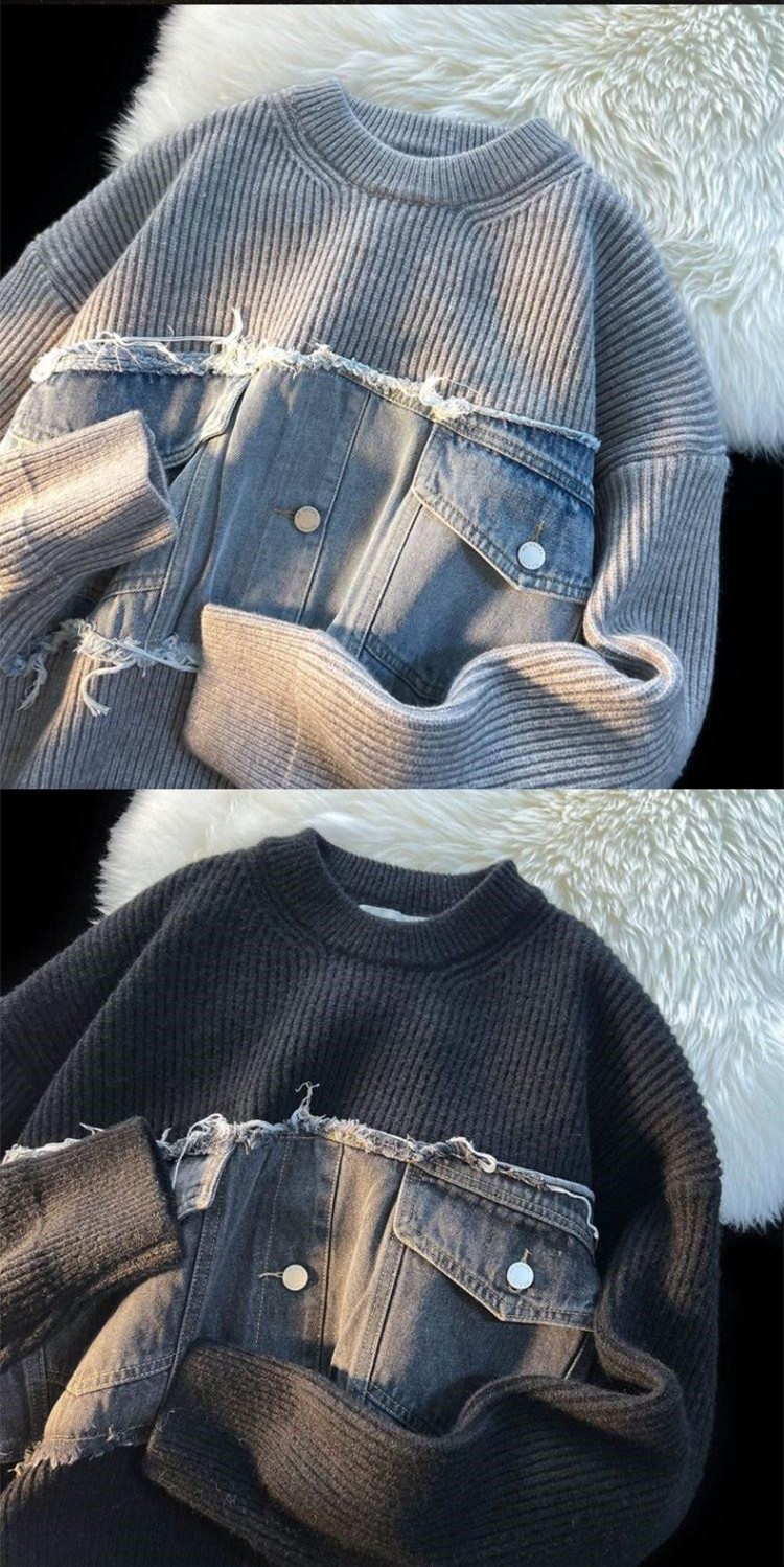 Denim Splicing Knitwear Male Early Autumn Sweater 4